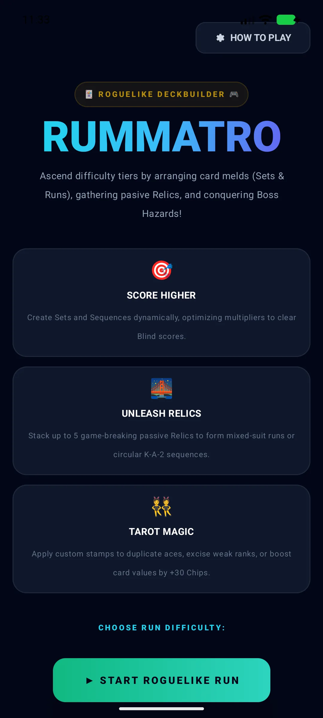 Run start screen with difficulty selection and feature highlights.