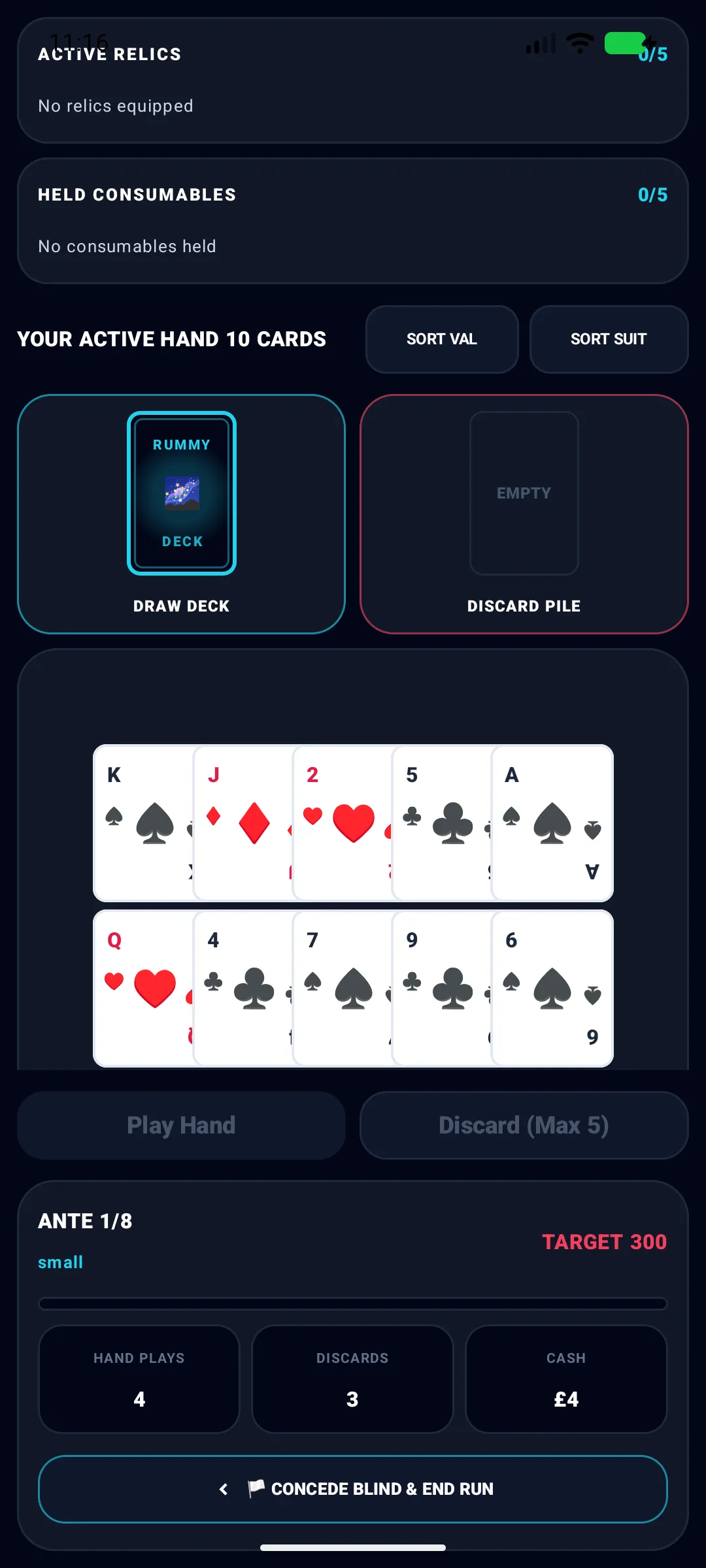 Rummatro gameplay: a ten-card hand with Play Hand and Discard actions, Ante 1/8, target 300.
