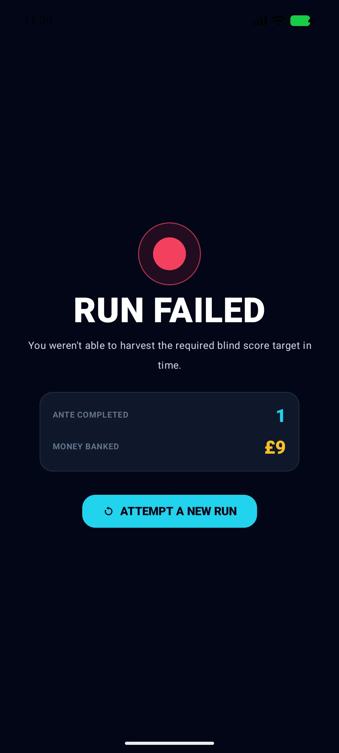Run summary screen after a defeat.